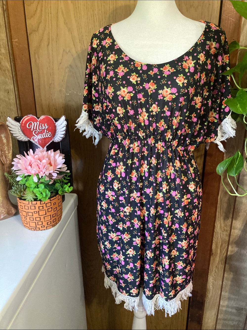 Black Floral Fringe Hem Sundress